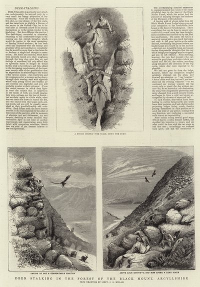 アーガイルシャー、ブラックマウントの森で忍び寄る鹿 作： John Guille Millais